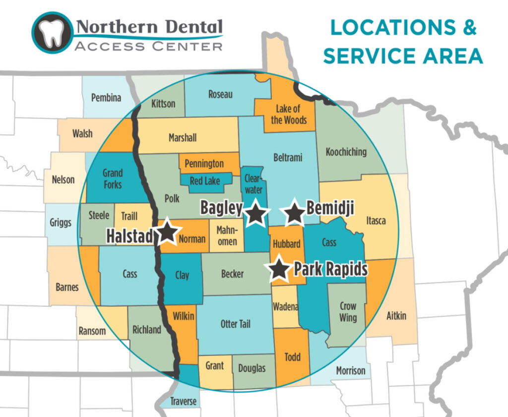 Locations & Service Area - coverage map showing counties covered in eastern North Dakota and northwestern Minnesota, and locations in Bagley, Bemidji, Halstad and Park Rapids.